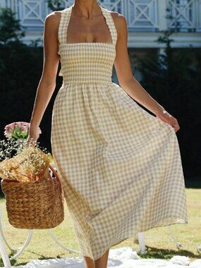 Beige & Cream Plaid Dress